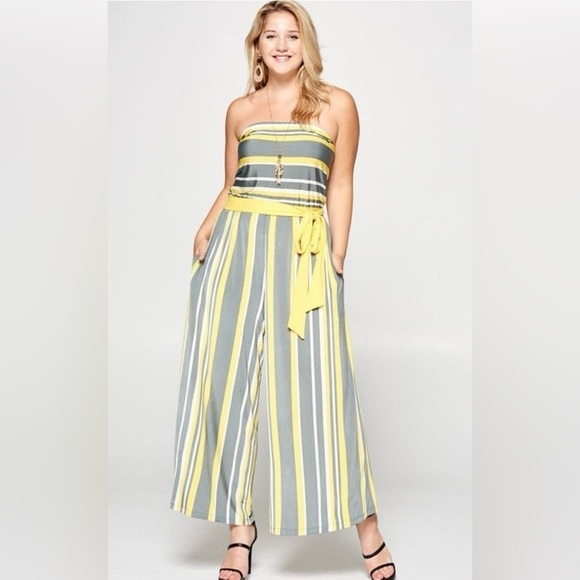 Emerald Fashion Pants - New!Plus Size Yellow Striped Wide Leg Jumpsuit Belt Side Pockets Sizes 1X 2X 3X